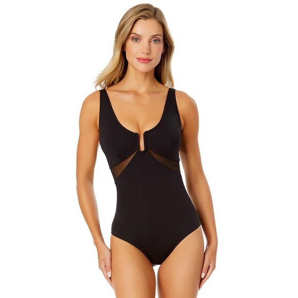 NWT Anne Cole Womens Mesh Insert One-Piece Swimsuit U Ring 25MO08601 Black 12
